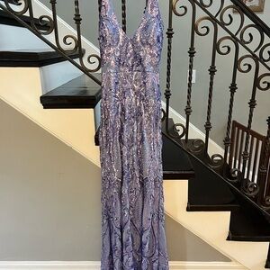 B Darlin Sequin Pattern Halter V-Neck Contrast Inset Dress- Juniors  (11/12)